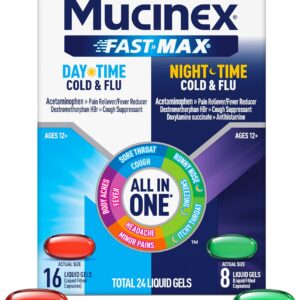 Mucinex Fast-Max Maximum Strength Day & Night Cold and Flu Medicine for Adults, Powerful Over-The-Counter Medication for Cold & Flu Symptoms, Fast Dissolving Liquid Gels, 24 Count