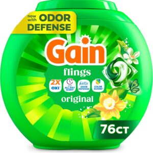 Gain Flings Liquid Washing Detergent Pacs, Now with Odor Defense + Color Guard, Original Scent, 4-In-1 Liquid Laundry Detergent Pods, Clean & Fresh, 76 Count (Packaging May Vary)
