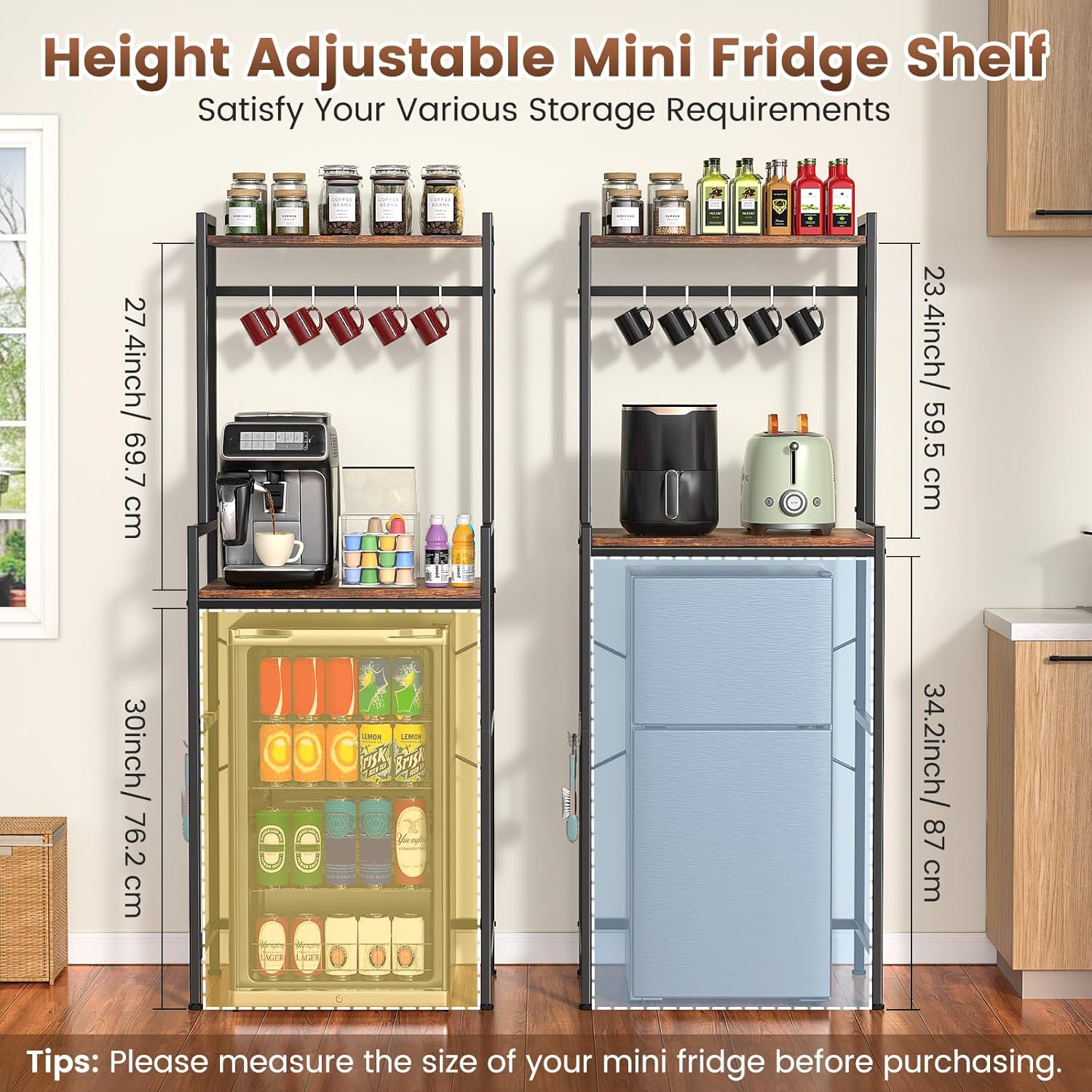 Housolution Mini Fridge Stand with Storage, 2-Tier Kitchen Microwave Stand with Storage Mini Fridge Shelf Height Adjustable Bakers Rack with 8 Hooks for Dorm, Living Room, Offices - Image 3
