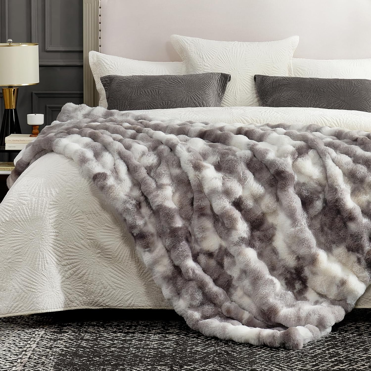 Cozy Bliss Faux Fur Throw Blanket for Couch, Fuzzy Soft Plush Thick Bubble Blanket for Sofa Bedroom Living Room, 50 * 60 Inches Tie-dye Taupe - Image 6