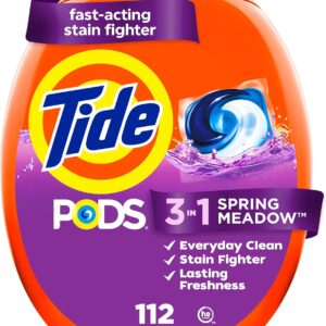 Tide PODS laundry detergent pacs, 3-in-1 Stain Remover, Odor Fighter, Color Protector, 112 Count, HE compatible, Spring Meadow Scent