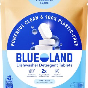 BLUELAND 100% Plastic-Free Dishwasher Detergent Tablets, 60 Count, Free & Clear, Eco-Friendly Dishwashing Pods, Natural, USDA Certified biobased