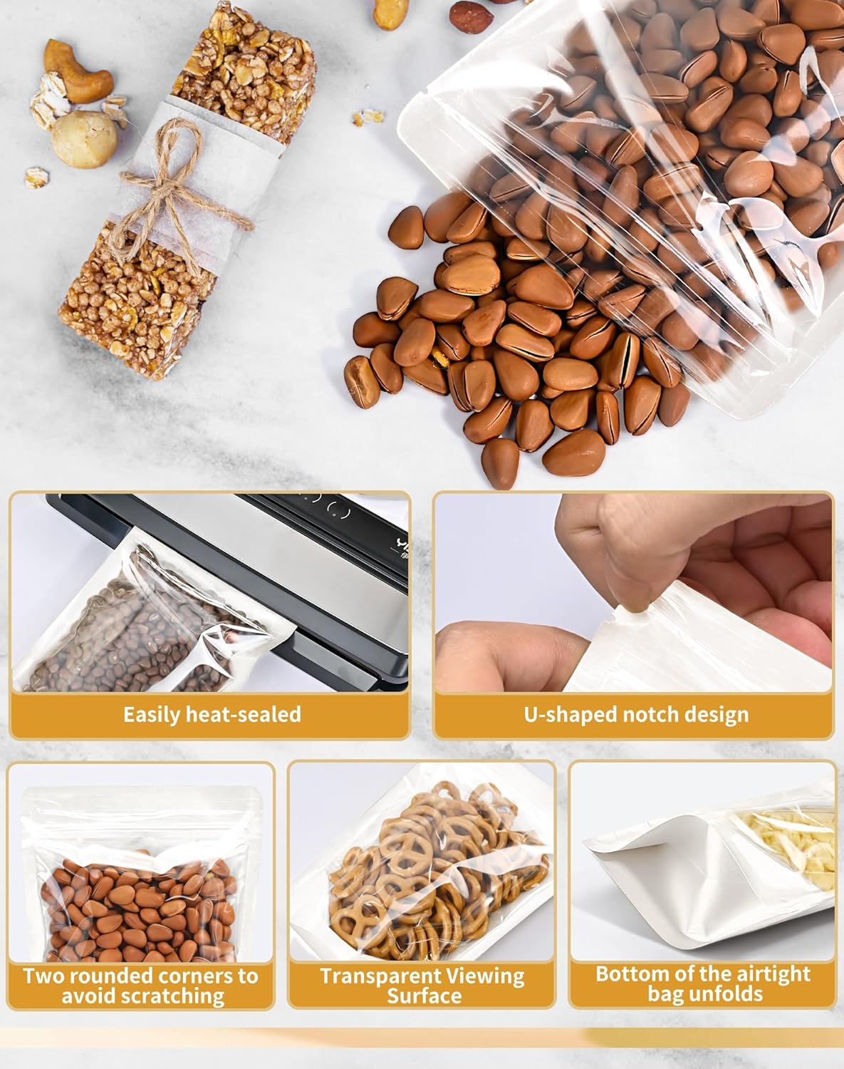 FireKylin 100 PCS Stand Up Pouches,5.5" x 7.9" Paper Bags With Window Clear Front Pouches Resealable Zipper Food Storage White - Image 3