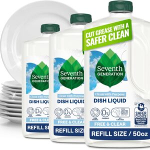 Seventh Generation Dish Soap Refill, Free & Clear, 50 fl oz, 3 Pack, Plant-Based Dishwashing Liquid for Grease & Tough Food Messes, For Sensitive Skin