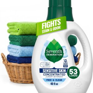 Seventh Generation Concentrated Free & Clear Laundry Detergent, 40 oz, No Dyes or Fragrance, Sensitive Skin Liquid Laundry Soap Targets Stains and Everyday Messes With Biobased Formula