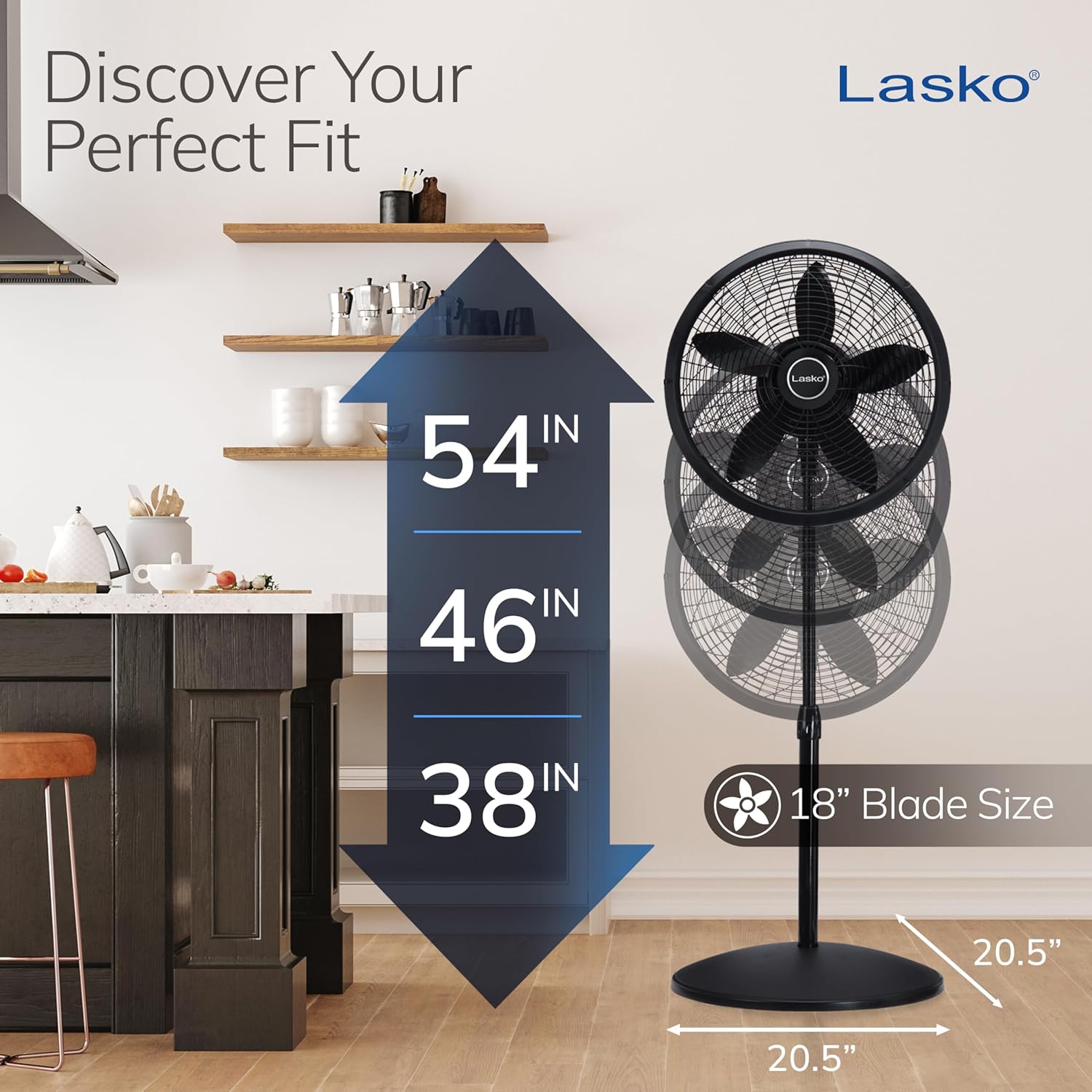 Lasko Pedestal Fan, Oscillating Fan for Bedroom with Adjustable Height and 3 Cooling Speeds, Portable, 18", Black, 1827 - Image 4