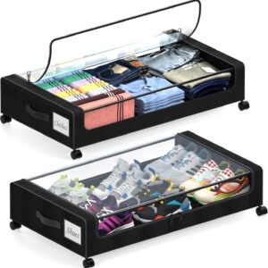 Under Bed Storage with Wheels, 2 Pack Under Bed Storage Containers with Clear Lids, XXL 65L Under Bed Storage Organizer, Rolling Under Bed Metal Drawer for Blanket, Clothes, Shoes (31 x 17 x 6.69 in)