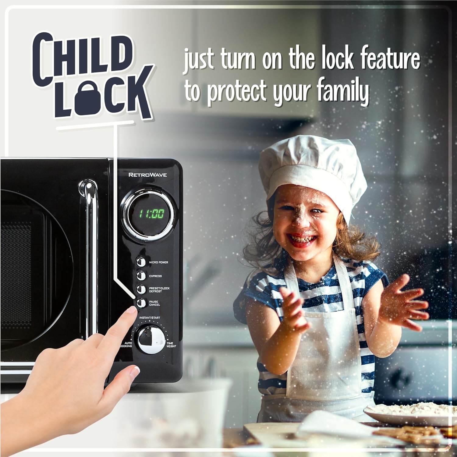Nostalgia Retro Compact Countertop Microwave Oven - 0.7 Cu. Ft. - 700-Watts with LED Digital Display - Child Lock - Easy Clean Interior - Black - Image 4