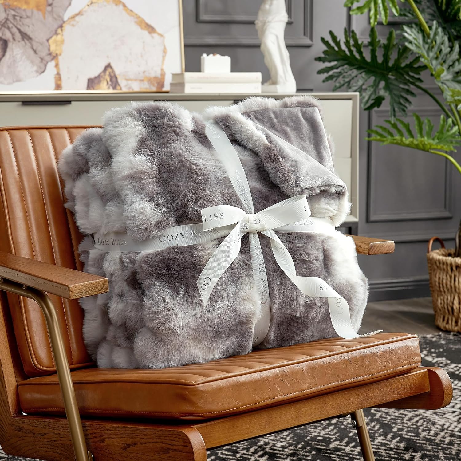Cozy Bliss Faux Fur Throw Blanket for Couch, Fuzzy Soft Plush Thick Bubble Blanket for Sofa Bedroom Living Room, 50 * 60 Inches Tie-dye Taupe - Image 3
