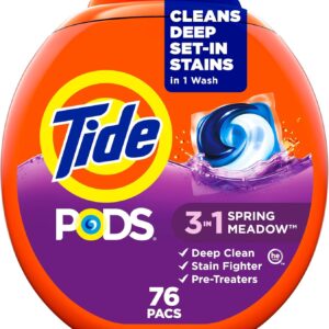 Tide PODS laundry detergent pacs, 3-in-1 Stain Remover, Odor Fighter, Color Protector, 76 Count, HE compatible, Spring Meadow Scent
