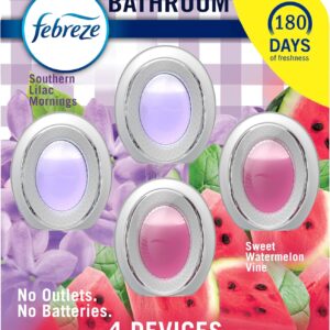 Febreze Bathroom Air Freshener, Odor-Fighting, Plug In Alternative, Air Fresheners for Small Spaces in Home, Bathroom, Kitchen, & Closet, Lilac & Watermelon Scents, 4ct (2 of Each Scent)