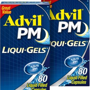 Advil PM Liqui-Gels Pain Reliever and Nighttime Sleep Aid, Pain Medicine with Ibuprofen for Pain Relief and Diphenhydramine HCL for a Sleep Aid – 2×80 Liquid Filled Capsules