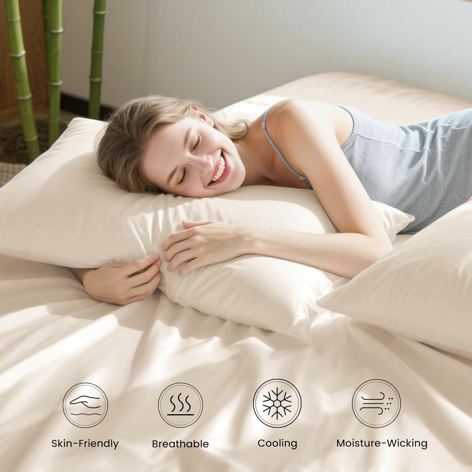 Love's cabin 4 Piece Queen Sheet Set, 100% Rayon Derived from Bamboo, Cooling & Breathable, Soft Silky Deep Pocket up to 16", Hotel Luxury Bedding for Hot Sleepers, Beige - Image 5