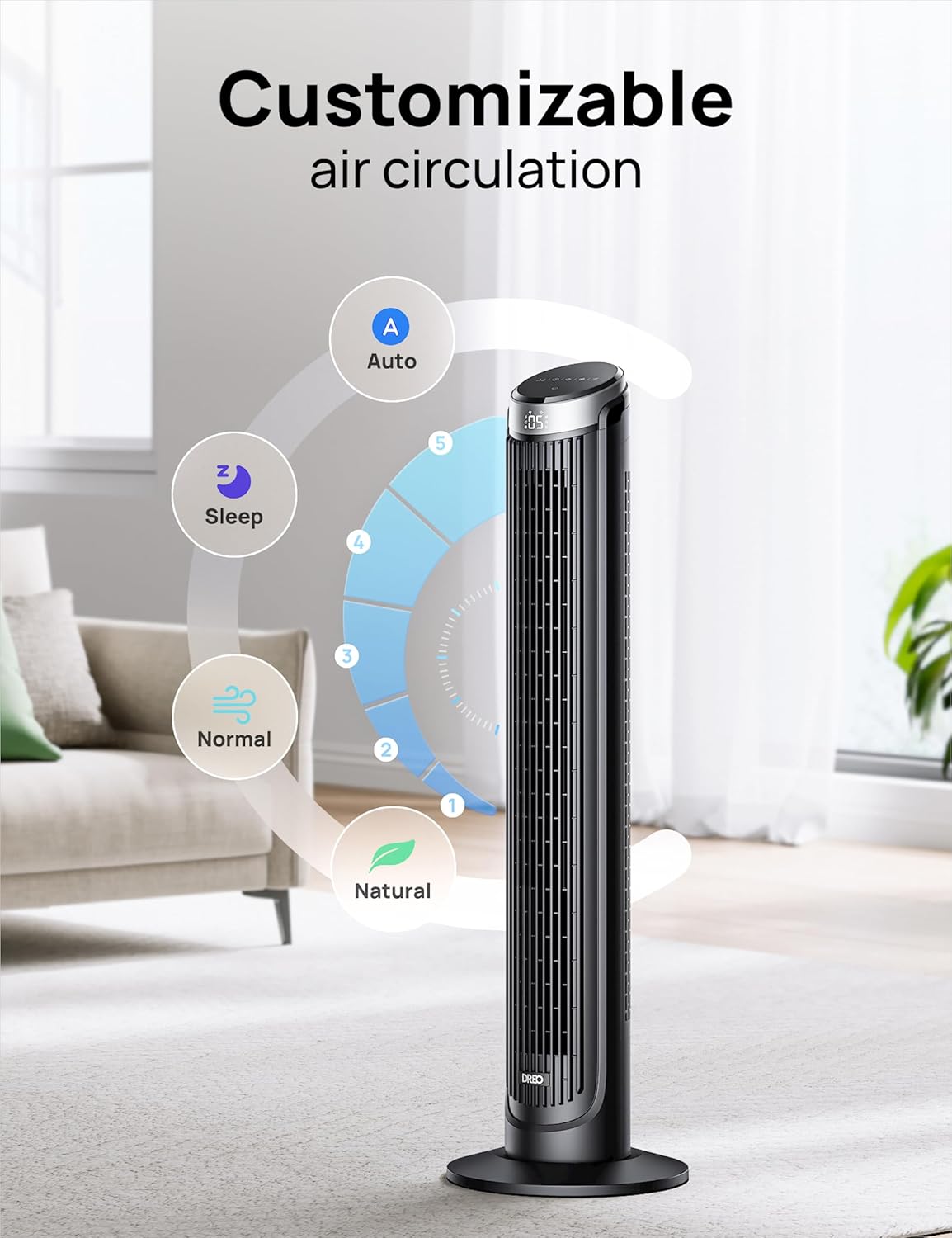 DREO Tower Fan for Bedroom, 90° Oscillating Fans that Blow Cold Air, 5 Speeds, 4 Modes with 26ft/s Velocity, 12H & 28dB Quiet Timer, Remote, Touch, 40" Standing Floor Fan for Home Office, Black - Image 5