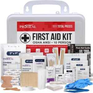 OSHA Compliant First Aid Kit – 10 Person, Type III, ANSI Class A, 111 Pieces Emergency Kit for Business, Office, Home, Vehicle, Truck, Car & Construction Site – Latex Free, Wall Mountable | ProHeal