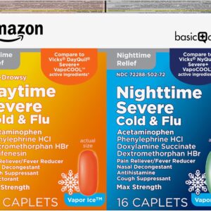Amazon Basic Care Vapor Ice Day and Night Severe Cold and Flu Relief Caplets, Maximum Strength Multi-Symptom Medicine for Cough, Sore Throat, Nasal Congestion, 48 Count