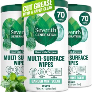Seventh Generation Multi-Surface Wipes, 70 Count, Pack of 3, Garden Mint, Plant-Based Cleaning Wipes, No Harsh Fumes or Residue, Safe Around Kids