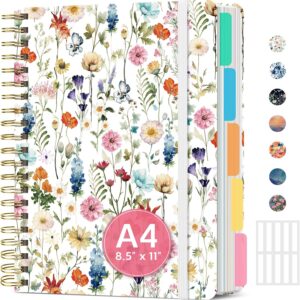 Large Spiral Lined Notebooks for Work with Removable Dividers & Tabs, 8.5″x11″ Pretty Hardcover 5 Subject Notebook Journal for Women, College Ruled, Perfect for Study & Office Organization, 280 Pages,Wildflowers