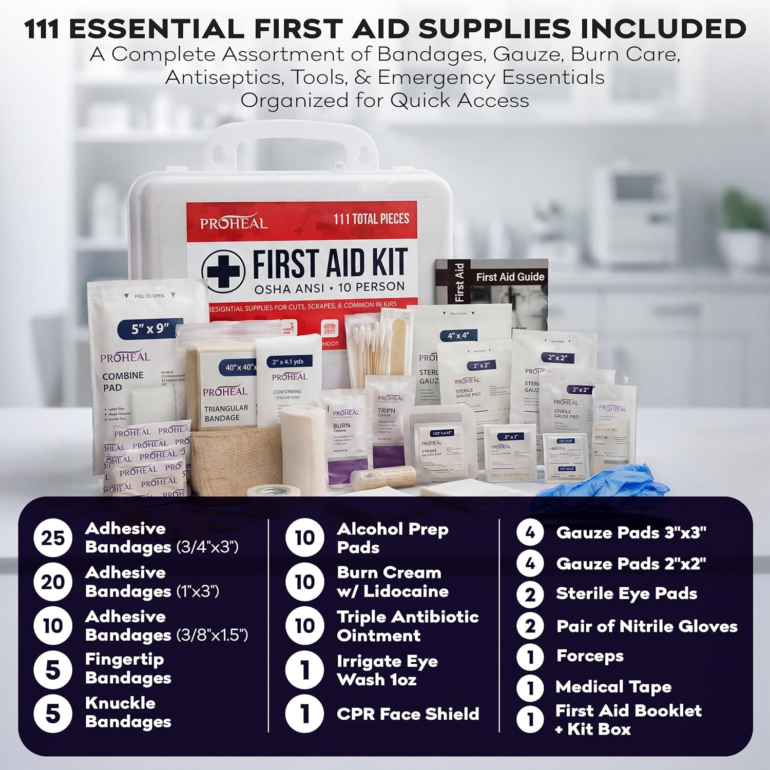 OSHA Compliant First Aid Kit - 10 Person, Type III, ANSI Class A, 111 Pieces Emergency Kit for Business, Office, Home, Vehicle, Truck, Car & Construction Site - Latex Free, Wall Mountable | ProHeal - Image 9