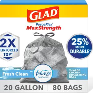 Glad ForceFlex MaxStrength XL Kitchen Trash Bags, 20 Gal, Fresh Clean, 80 Ct (Package May Vary)
