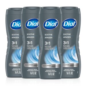 Dial Men 3 in 1 Body, Hair and Face Wash, Soothe, 16 Fl Oz, Pack of 4, Infinite Fresh Scent, Cleanses Deep + Gentle on Skin with Clean Rinse Technology