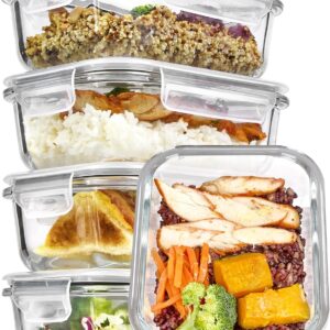 Vtopmart 5Pack 22oz Glass Storage Containers with Lids, Glass Meal Prep Food Container Sets with Snap Airtight Lids for Microwave, Oven, Freezer and Dishwasher, Grey