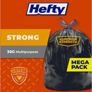 Hefty Strong 30 Gallon Trash Bags, Large Trash Bags 30 Gallon Size, Durable Drawstring Enclosure, Resists Punctures, Leaks, and Tears, Black, Unscented, 56 Bags