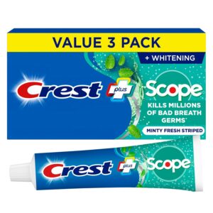 Crest + Scope Whitening Toothpaste – Pack of 3, 5.4 Oz Tubes – Anticavity Fluoride Toothpaste, Fresh Breath, Kills Germs – Tartar Protection, Enamel Protection – Minty Fresh Flavor