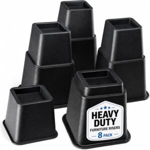 Home It Adjustable Bed Risers – Elevation in 3, 5 or 8 Inch – Heavy Duty Stackable Furniture Risers Supports 1,300 lbs – for Under-Bed Storage, College Dorms, Table and Couch, 4 Pack Bed Lifts Black