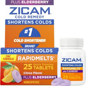 Zicam Cold Remedy Zinc RapidMelts, Elderberry Citrus Flavor, Homeopathic, Cold Shortening Medicine, Shortens Cold Duration, 25 Count