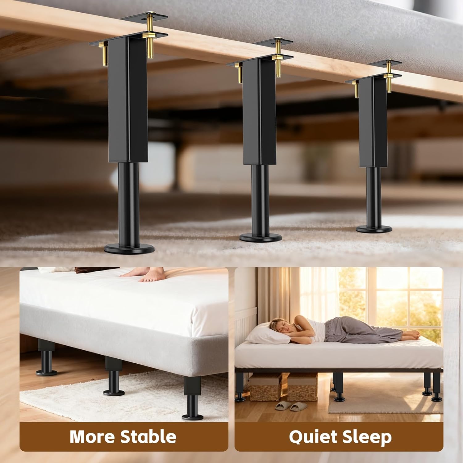 Bed Support Legs, 6PCS Replacement Adjustable Bed Risers, 10.2-16.5 in Heavy Duty Metal Furniture Feet with Non-Slip Rubber Base for King Queen Slats, Couch, Table, Sofa - Image 4