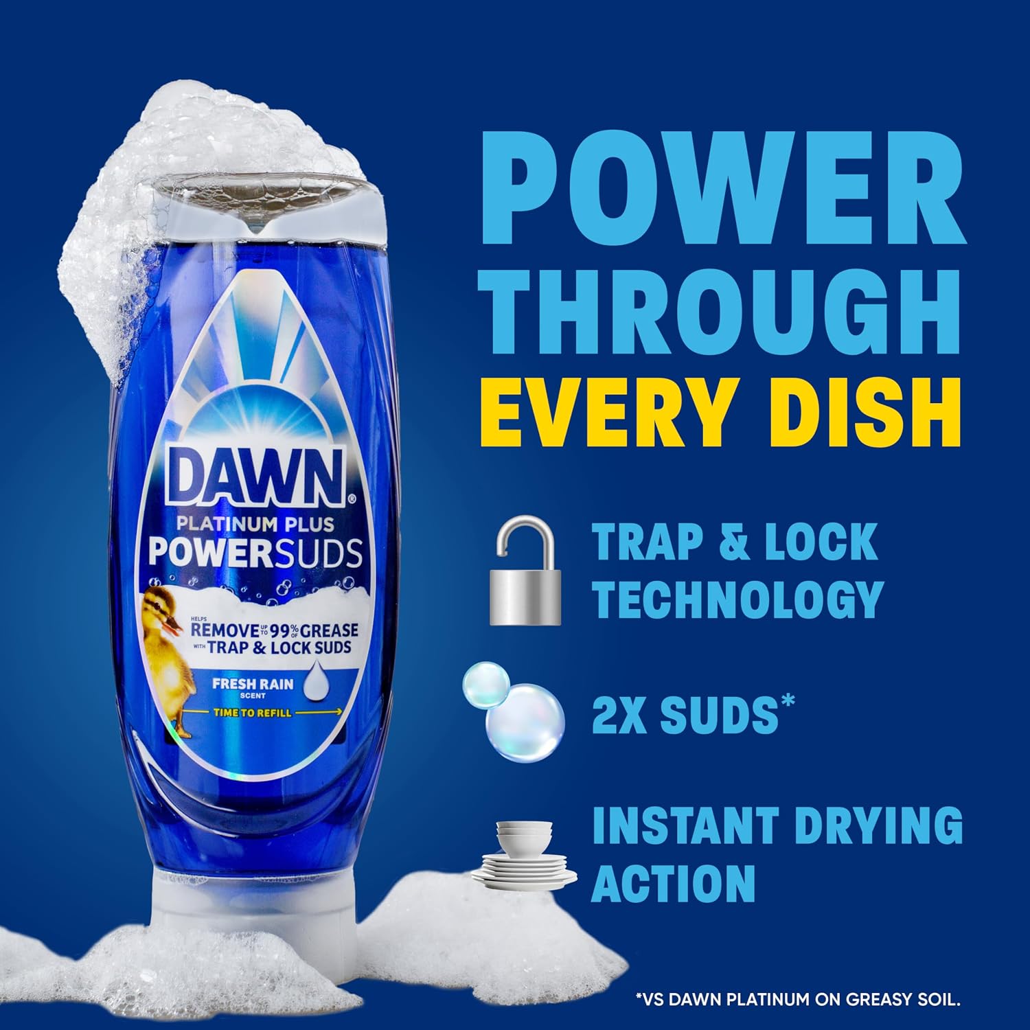 Dawn Platinum Plus PowerSuds EZ-Squeeze Dish Soap Liquid, Dishwashing Liquid, Grease Removal, Upside Down Bottle, Fresh Rain Scent, 2x17.4 Fl Oz Bundle - Image 4