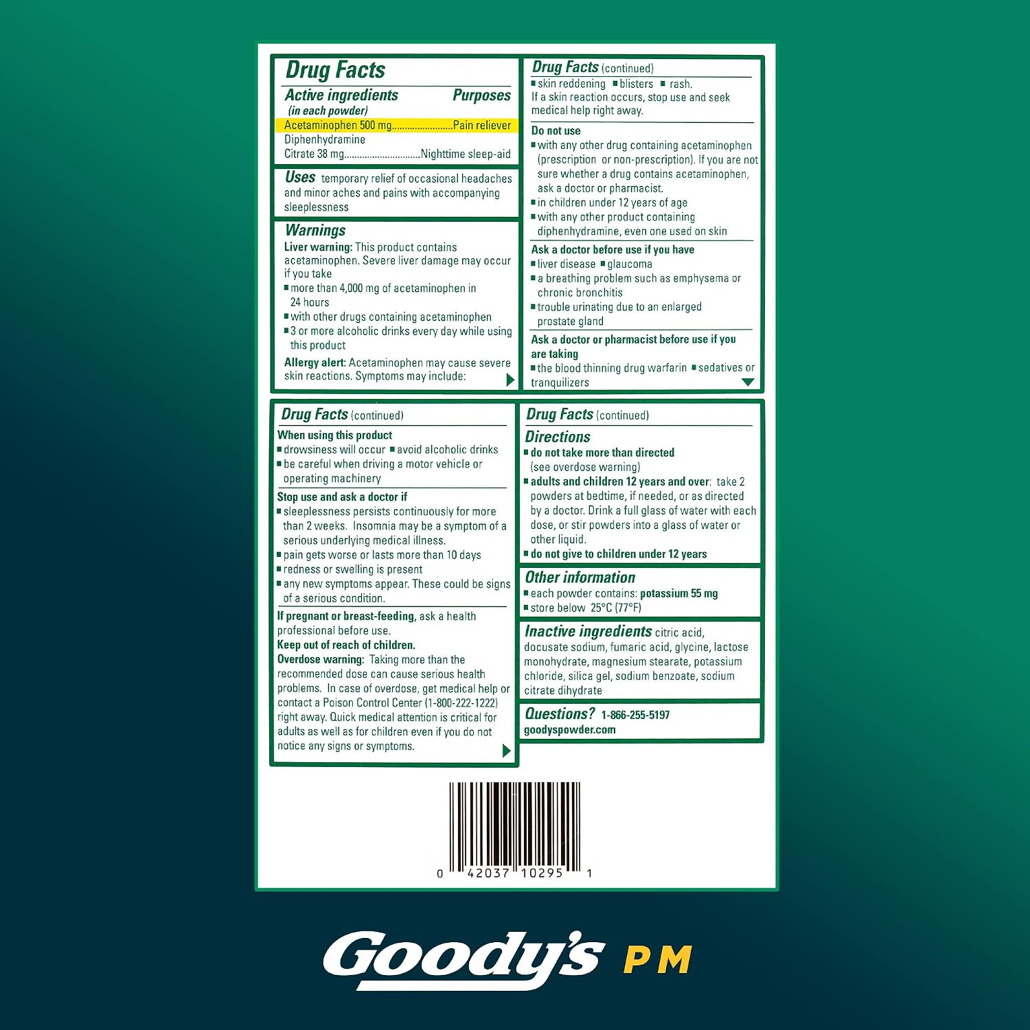 Goody's Nighttime Powder, Pain Reliever & Sleep Aid with Acetaminophen & Diphenhydramine Citrate, Caffeine Free, 6 Count, Pack of 12 - Image 7