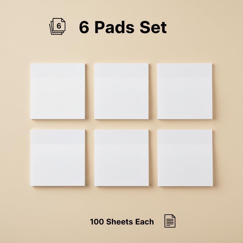 White Sticky Notes 6 Pads 3 X 3 Inch 100 Sheets/Pad Self-Stick Notes Pads 600 Sheets Total - Image 5