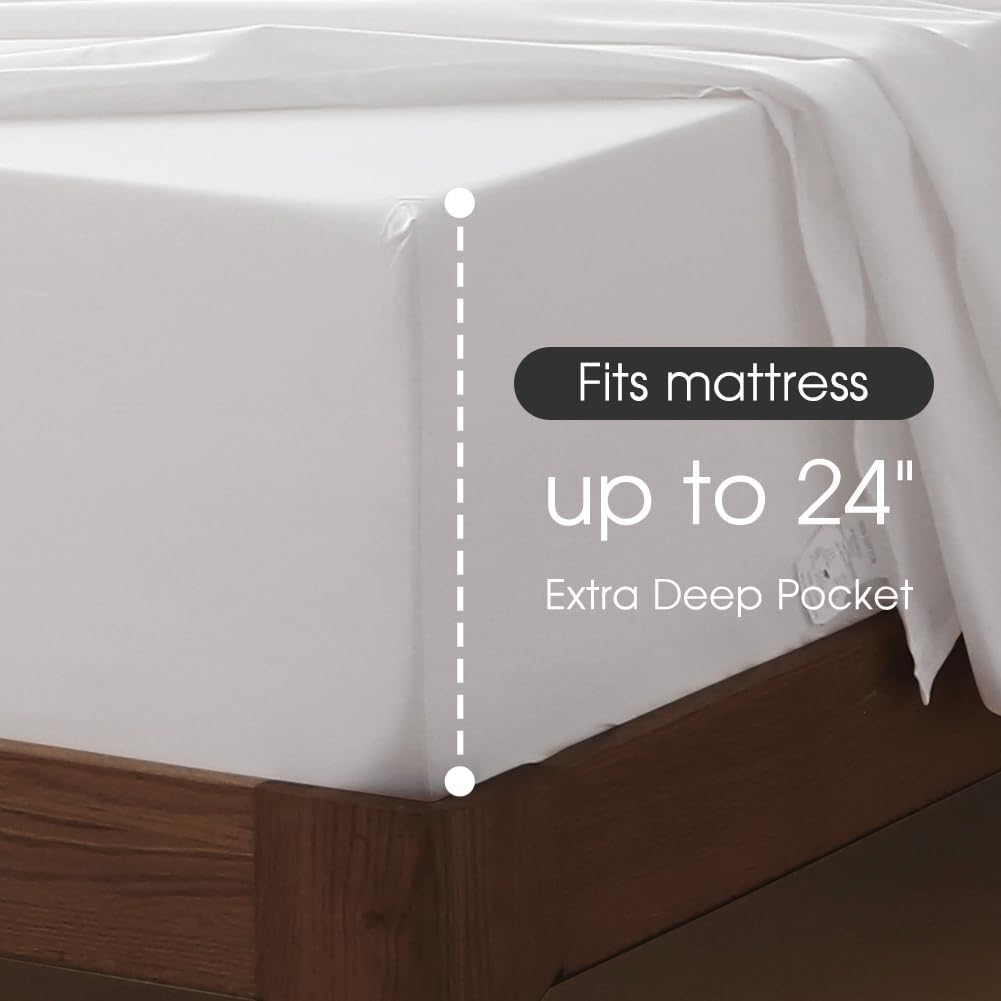 HYPREST Extra Deep Pocket King Sheet Sets Fits 18"-24" in Deep Mattress -100% Cotton King Sheet Set,White Hotel Crisp Soft Cooling Sheet Sets for King Bed Deep Pocket - Image 4