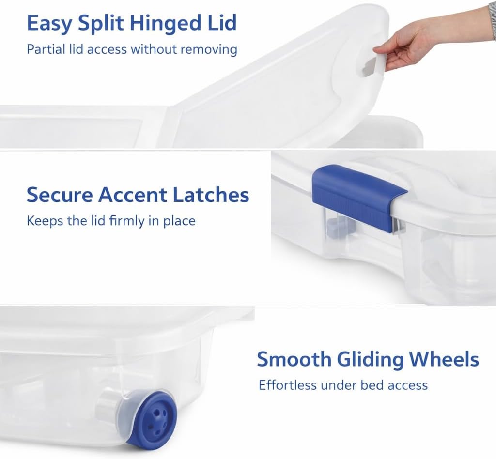 66 Quart Underbed Storage Bin with Wheels & Clear Lid, Under Bed Storage Container for Blankets, 39.5" x 20.25" x 7", Split-Lid Design & Smooth Gliding Wheels - Image 3