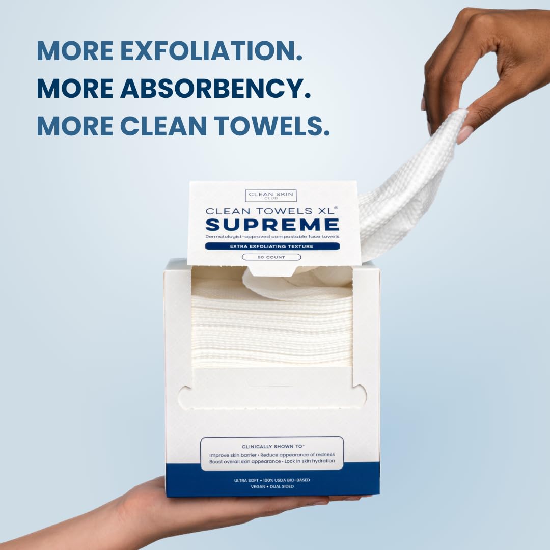 Clean Skin Club Clean Towels XL® Supreme, 100% USDA Biobased Face Towel, Disposable Face Towelette, Eczema Association Accepted, Thicker Textured Dry Wipes, Ultra Absorbent & Soft, 1 Pack, 50 Ct - Image 9