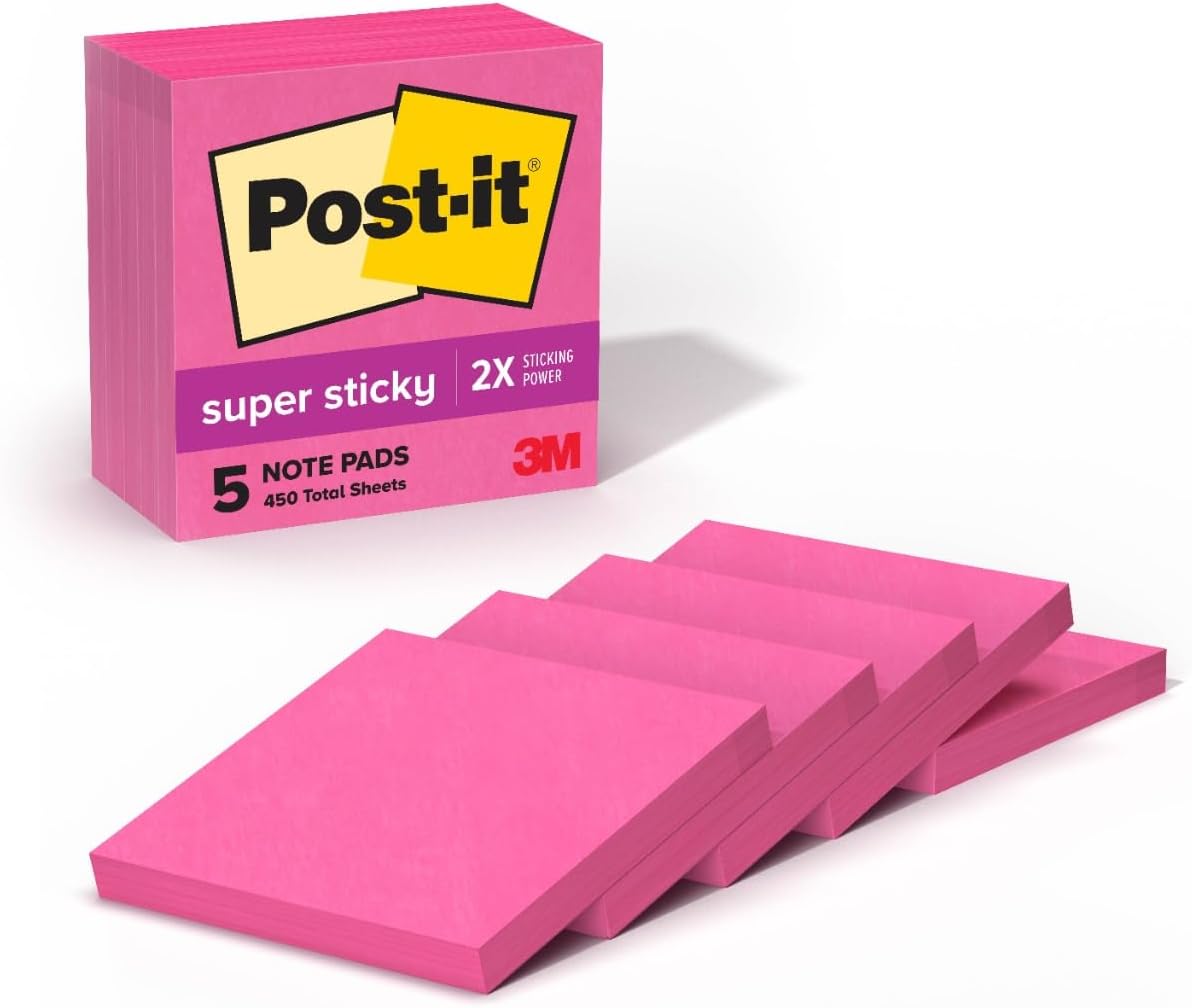 Post-it Super Sticky Notes, 5 Sticky Note Pads, 3 x 3 in., School Supplies, Office Products, Sticky Notes for Vertical Surfaces, Monitors, Walls and Windows, Power Pink - Image 2
