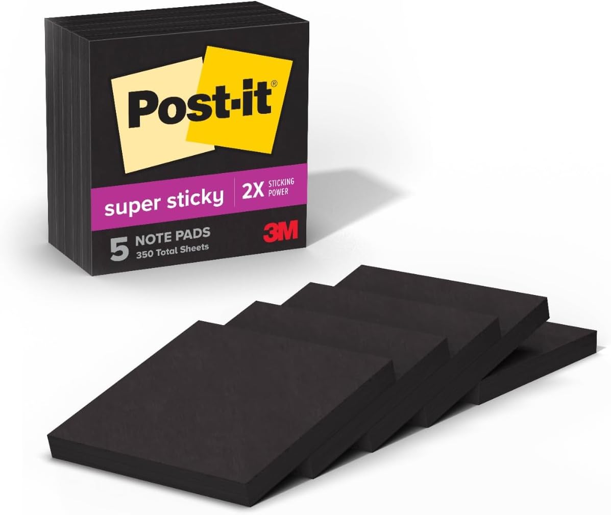 Post-it Super Sticky Notes, 5 Sticky Note Pads, 3 x 3 in., School Supplies, Office Products, Sticky Notes for Vertical Surfaces, Monitors, Walls and Windows, Black Onyx - Image 2