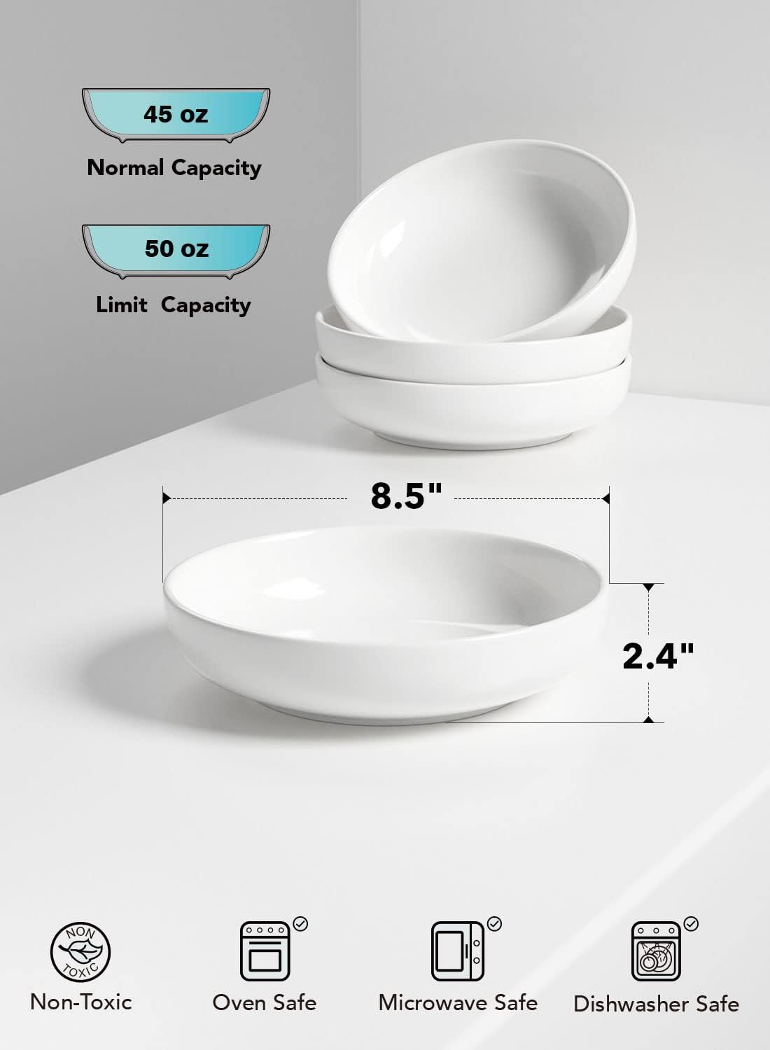 LE TAUCI Pasta Bowls 45 oz, Salad Bowls Set for Serving Soup, Pasta, Noodle, Dinner, Large Kitchen Bowl Plates, Microwave Safe - 8.5 Inch, Set of 4, White - Image 5