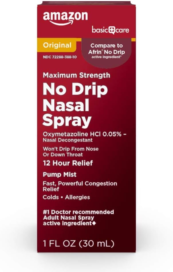 Amazon Basic Care No Drip Nasal Spray, 12 Hour Maximum Strength Nasal Decongestant, Oxymetazoline HCl, Fast-Acting Sinus Pressure Relief, 1 fl oz (Pack of 1) - Image 2