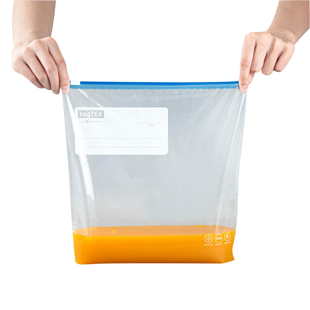 Restaurantware-Bag Tek 1 Gallon Freezer Slider Bags, 25 Disposable Zipper Pouch Bags - Slide Zipper, Expandable Bottom, Clear Plastic Freezer Bag, With Write-On-Label, For Food Storage - Image 9