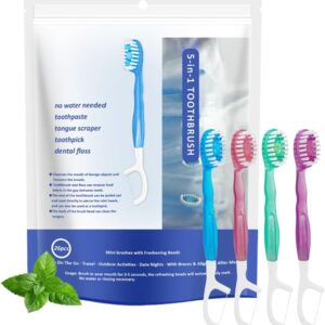 5 in 1 Mini Brushes-Disposable Toothbrushes with Toothpaste + Floss + Pick + Tongue Scraper | Travel Size | Individually Wrapped | Soft | Mint | Travel Set (Mix, 26 pcs)