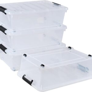 20 Quart Stackable Plastic Under Bed Bins with Lid, Set of 4 Clear Latch Storage Container with Wheels