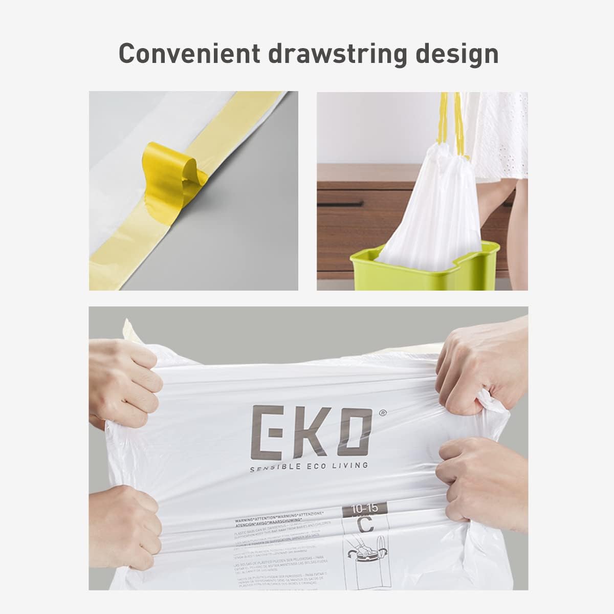 EKO 21 Gallon / 50-90 Liter, 60 Count Drawstring Trash Bags, Extra-Strong Unscented Garbage Bags, Easy-Dispense Roll for Kitchen & Household Use, Code G, White - Image 5