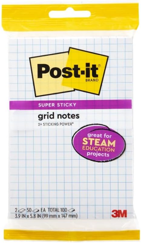 Post-it Super Sticky Notes, 2 Sticky Note Pads, 4 x 6 in., Ideal for Organization in Your Dorm, Home or Office, White and Blue Grid Notes - Image 2