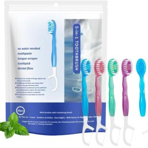 5-in-1 Disposable Mini Travel Toothbrushes with Toothpaste – 26 Pack Individually Wrapped No Water Needed, Portable Toothbrush with Tongue Scraper Floss & Pick