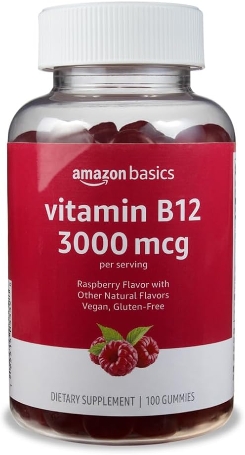 Amazon Basics Vitamin B12 3000 mcg Gummies, Normal Energy Production and Metabolism, Immune System Support, Raspberry, 100 Count (2 per Serving) (Previously Solimo) - Image 2