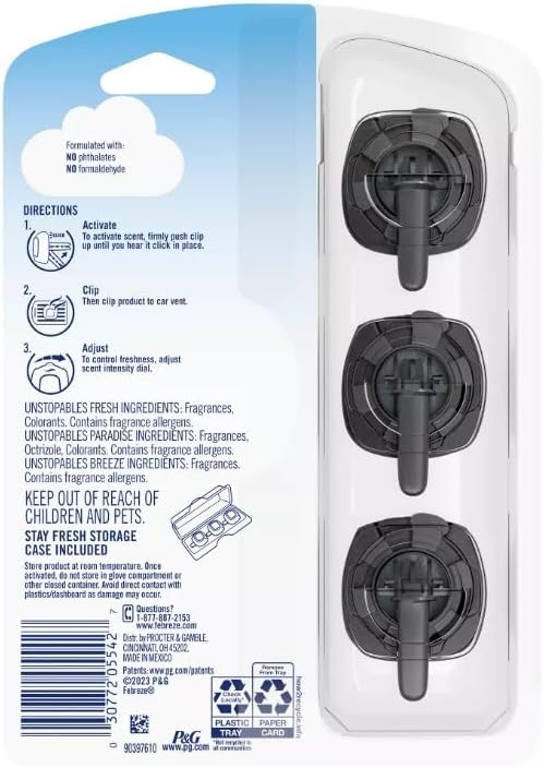 Febreze Car Air Freshener Vent Clips, Car Freshener, Unstopables Scents Variety Pack, .07 oz. Car Vent Clip, 3-Count, Car Air Fresheners - Image 2