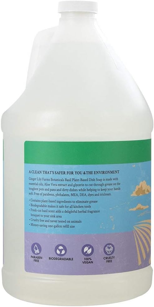 Ginger Lily Farms Botanicals Plant-Based Liquid Dish Soap, Concentrated Formula with Max Grease Cleaning Power, Cruelty-Free, Basil Scent, 1 Gallon Refill (128 Fl. Oz.) - Image 3